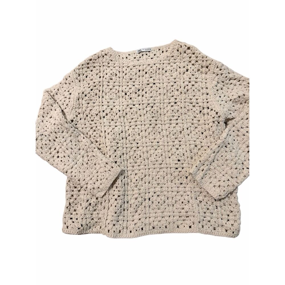 Zara Beige Crochet Knit Sweater Size S Open Weave Pattern Long Sleeve Boho Top